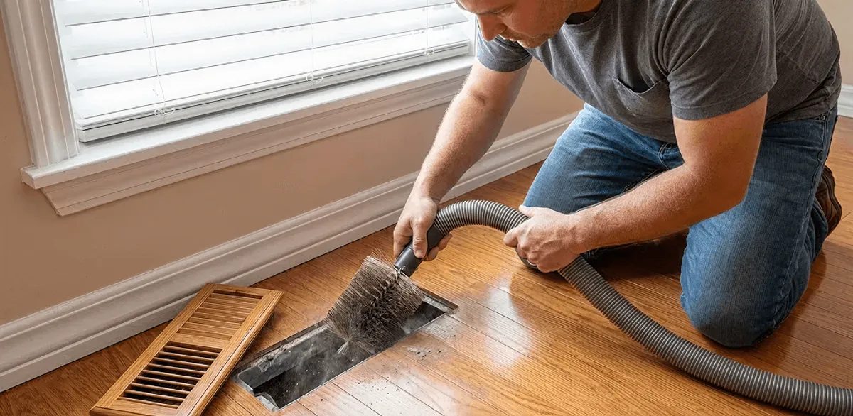 Air duct cleaning technician vacuuming a floor vent and duct opening in Manchester, NH