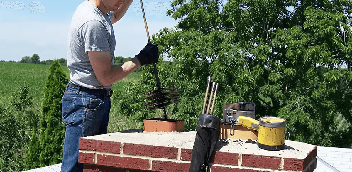 Chimney cleaning technician working on a rooftop chimney with professional tools in Manchester, NH