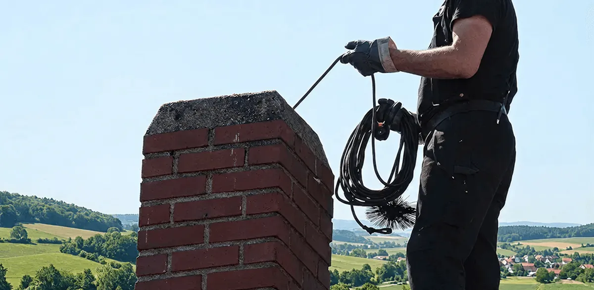 Chimney sweep inspecting and cleaning a rooftop chimney in Manchester, NH