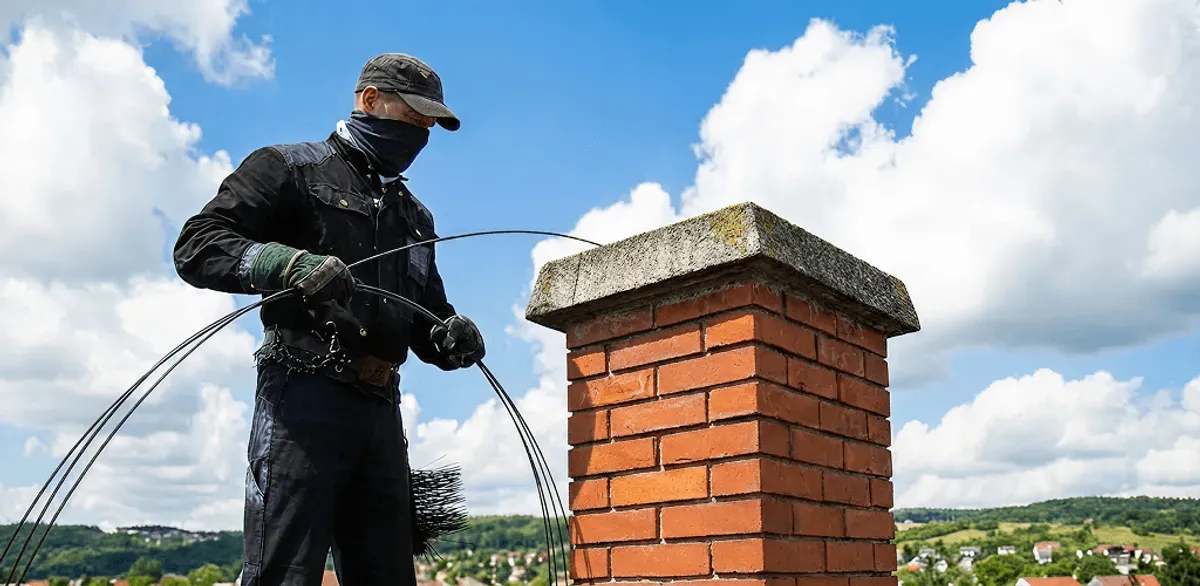 Chimney sweep cleaning a brick chimney with professional tools in Manchester, NH