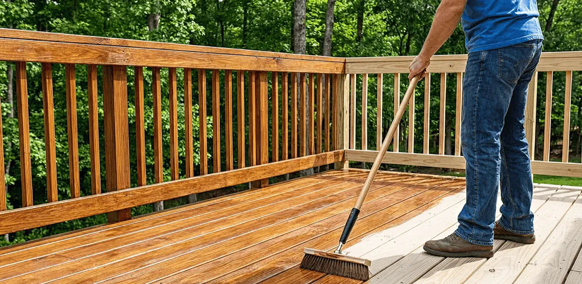 Deck staining and sealing application on a wood deck in Manchester, NH