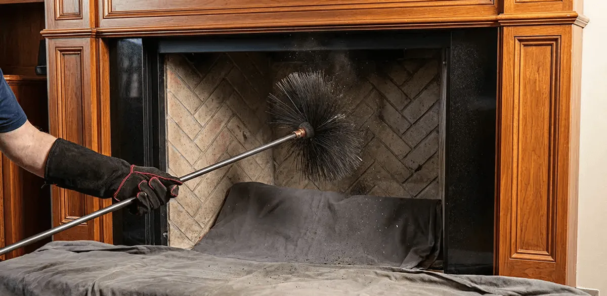 Chimney cleaning service brushing soot from a fireplace and flue in Manchester, NH