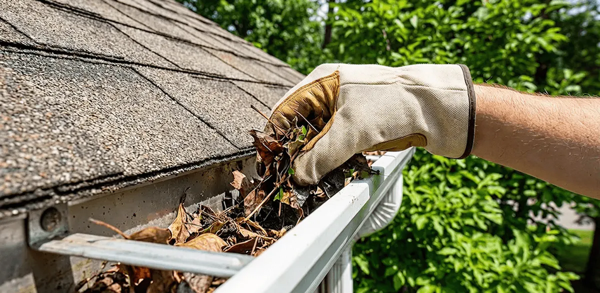 Gutter cleaning removing leaves and debris from roof gutters in Manchester, NH