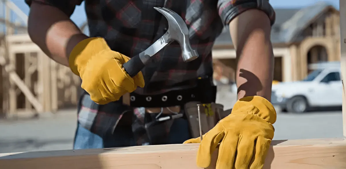 Handyman fixing wood trim with a hammer for home repairs in Manchester, NH
