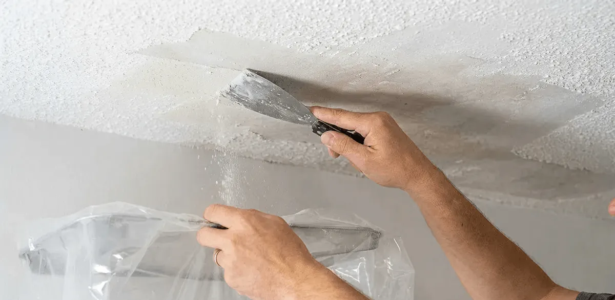 Popcorn ceiling removal technician scraping texture from a ceiling in Manchester, NH