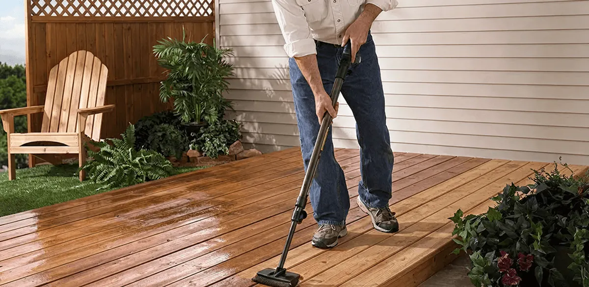 Deck staining service applying stain to a backyard wood deck in Manchester, NH